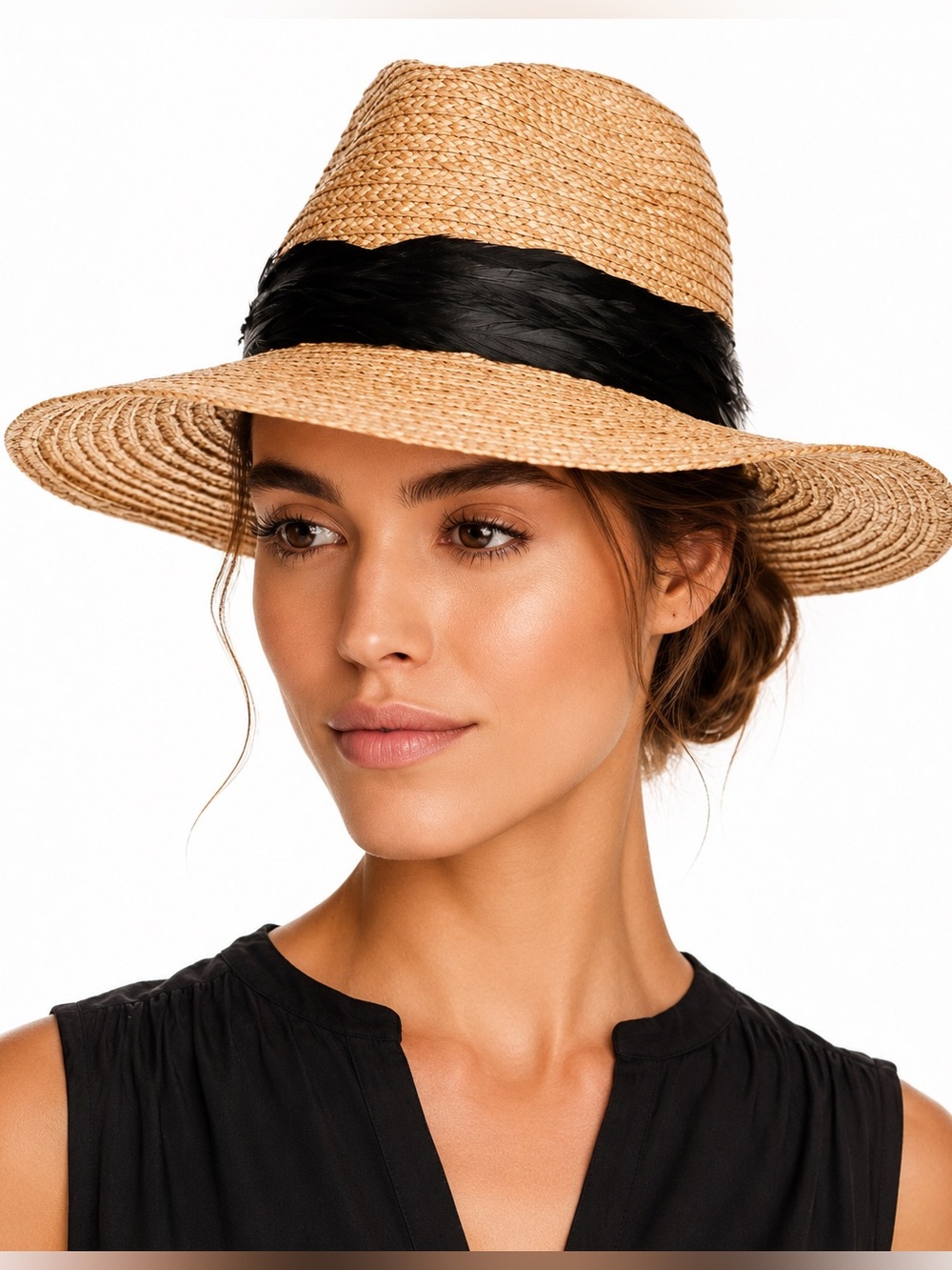 Eugenia Kim Genie Raffia Straw Fedora Hat NWT Black Feather Trim OS